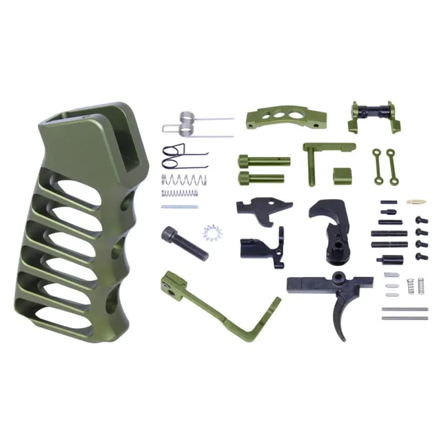 Guntec USA AR-15 Enhanced Lower Parts Kit w/ Upgrades & Skeletonized Aluminum Pistol Grip Anodized Green