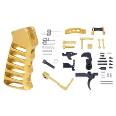 Guntec USA AR-15 Enhanced Lower Parts Kit w/ Upgrades & Skeletonized Aluminum Pistol Grip Anodized Gold