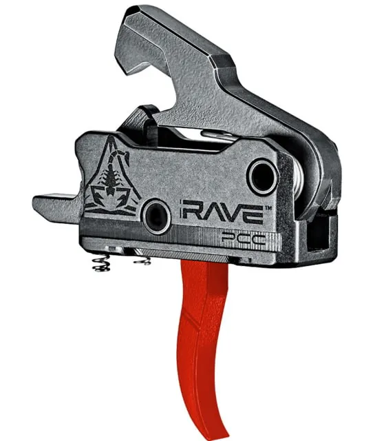 RISE Armament Rave 9 mm PCC Trigger with Anti-Walk Pins Curved 3.5lb Pull Weight Anodized Black/Red