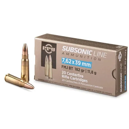 PRVI Partizan 182 Grain FMJ Subsonic 7.62x39 Ammo, 20rd/box