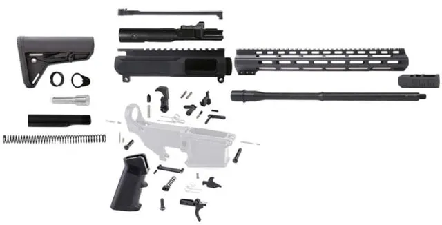 Tiger Rock AR Build Kit BCG LPK and Magpul SL Kit 9mm Caliber 11in 16in Barrel Straight 1x10 Twist 1/2x36 Thread 15in M-LOK Handguard Compensator