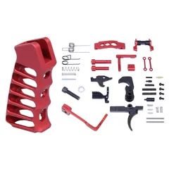 Guntec USA AR-15 Enhanced Lower Parts Kit w/ Upgrades & Skeletonized Aluminum Pistol Grip Anodized Red
