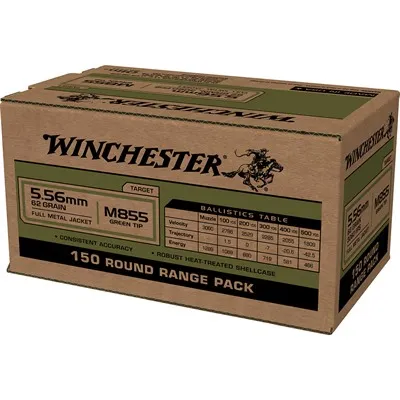 USA White Box M855 Green Tip 5.56mm Rifle Ammo - 5.56mm NATO 62gr Full Metal Jacket 150/Box