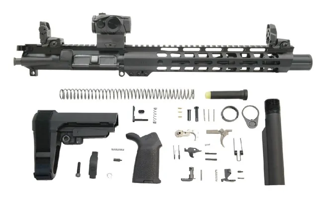PSA 10.5" Carbine-Length 5.56 NATO 1/7 Nitride 12" Slant M-LOK MOE EPT SBA3 Pistol Kit with MBUS Sight Set & Romeo 5