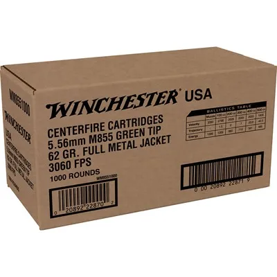 USA White Box M855 Green Tip 5.56mm Rifle Ammo - 5.56mm NATO 62gr Full Metal Jacket 1,000/Box