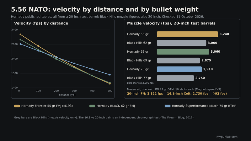 Chart of published 5.56 NATO velocity out to 500 yards for Hornady 55, 62 and 75 grain loads, the muzzle velocity of Hornady and Black Hills loads from 20-inch barrels, and the measured 92 fps loss from a 16.1-inch barrel