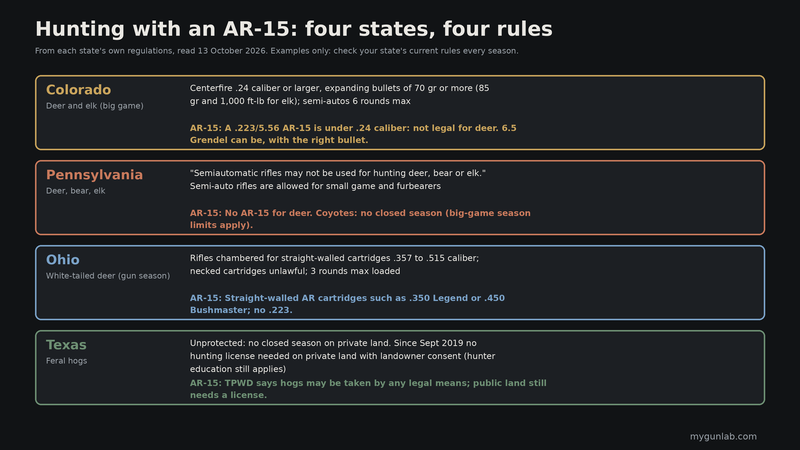 Table of four states: Colorado requires .24 caliber and 70 gr expanding bullets for deer and 6 rounds in semi-autos; Pennsylvania bans semi-auto rifles for deer, bear and elk; Ohio allows straight-walled cartridges .357 to .515 with 3 rounds; Texas lets landowners and guests hunt feral hogs without a license
