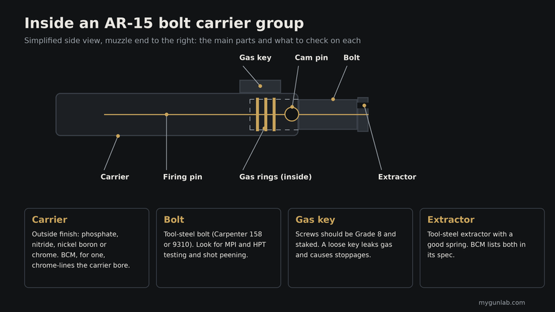 Simplified side view of an AR-15 bolt carrier group labelling the gas key, cam pin, bolt, carrier, gas rings, extractor and firing pin, with what to check on each part
