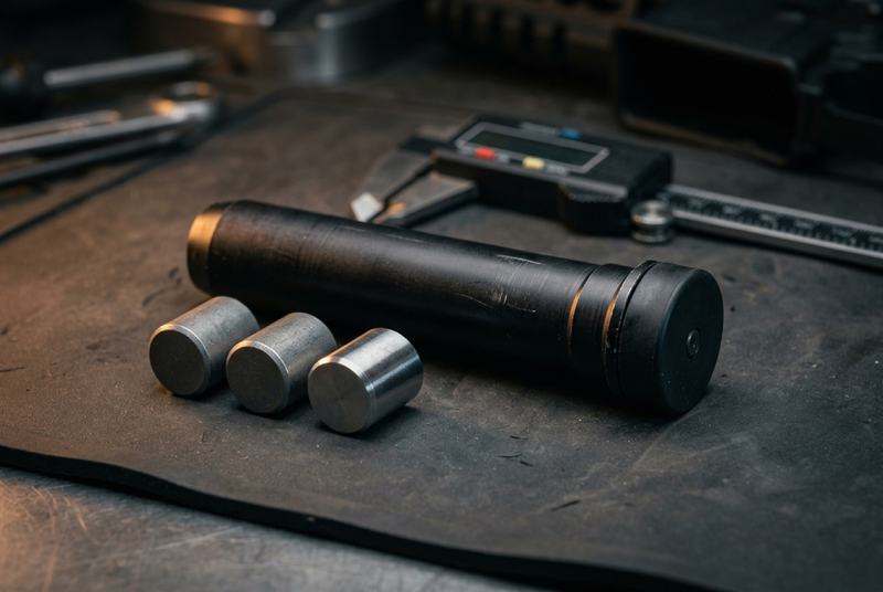 An AR-15 carbine buffer next to the three sliding weights that sit inside it, two tungsten and one steel
