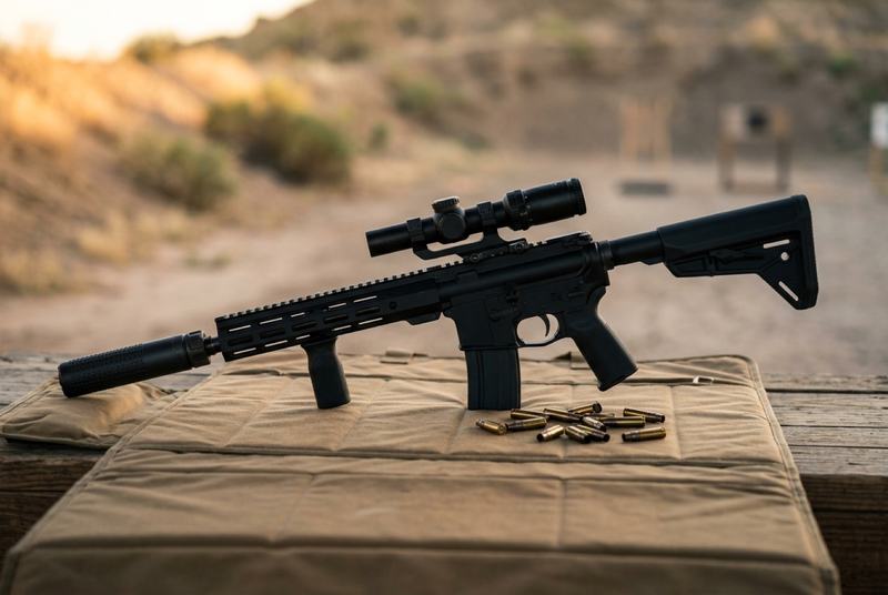 A short-barreled AR-15 with a suppressor on a padded mat at an outdoor range, with spent 300 Blackout cases beside it