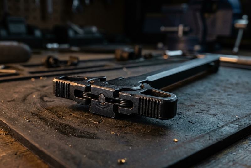 Close-up of an ambidextrous AR-15 charging handle latch
