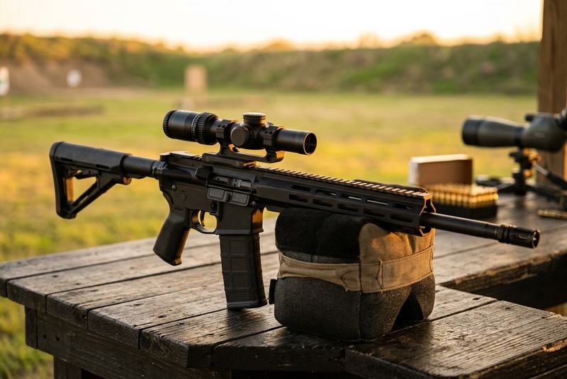 AR-15 with an LPVO on a shooting rest at the range