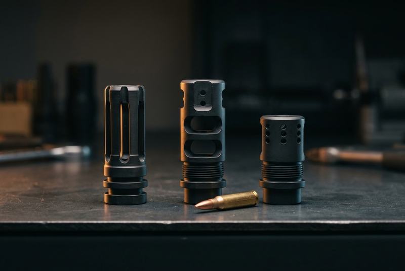AR-15 muzzle devices side by side: birdcage flash hider, muzzle brake and compensator