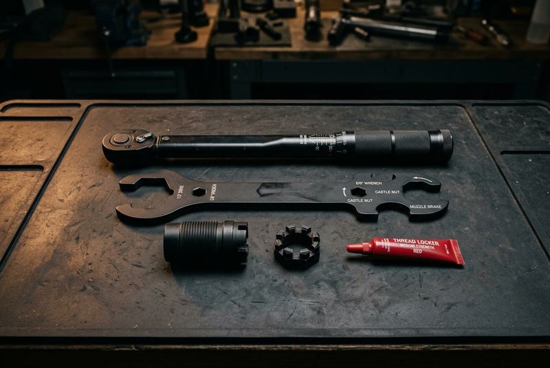 Torque wrench, armorer's wrench, castle nut, barrel nut and thread locker for an AR-15 build