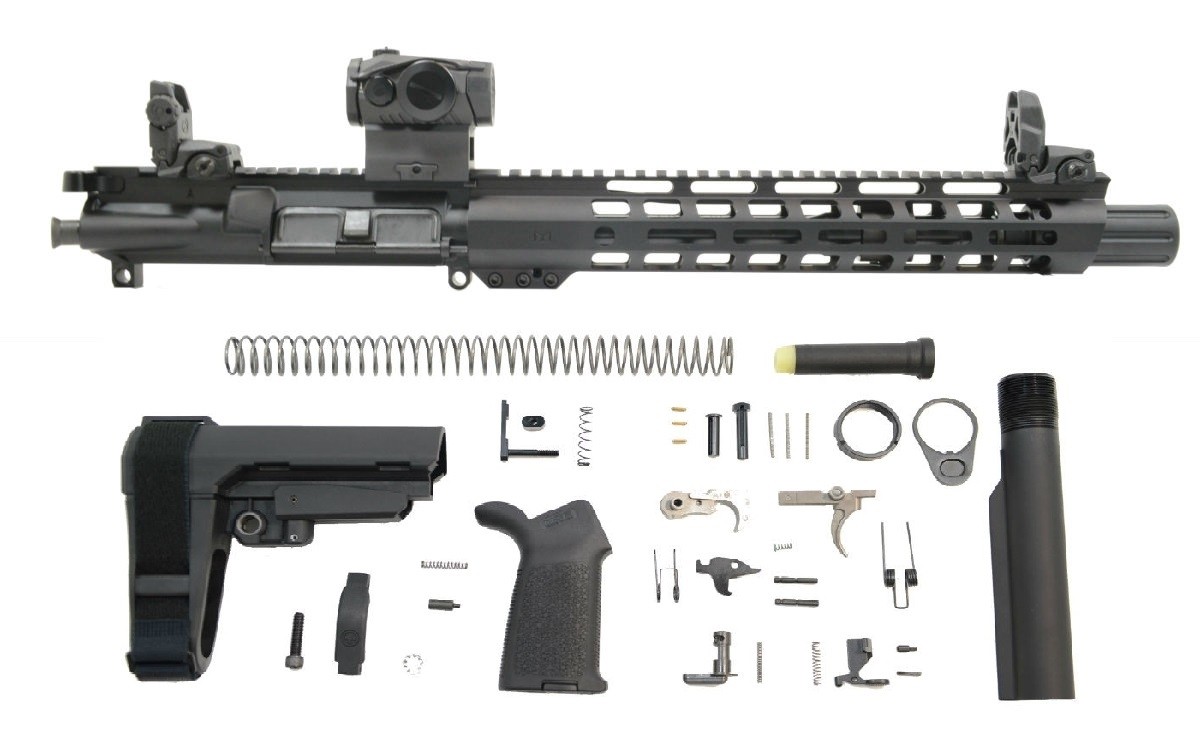 PSA 10.5" Carbine-Length 5.56 NATO 1/7 Nitride 12" Slant M-Lok MOE EPT SBA3 Pistol Kit with MBUS Sight Set & Romeo 5